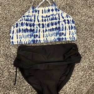 Blue and White Patterned Bikini Top with Black Bottoms